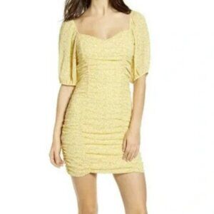 All In Favor Yellow Floral Print Ruched Mini Dress Size S